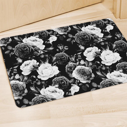 Black White Rose Floral Pattern Print Polyester Doormat