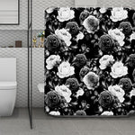 Black White Rose Floral Pattern Print Polyester Shower Curtain