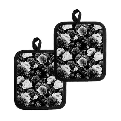 Black White Rose Floral Pattern Print Pot Holders