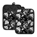 Black White Rose Floral Pattern Print Pot Holders With Pocket