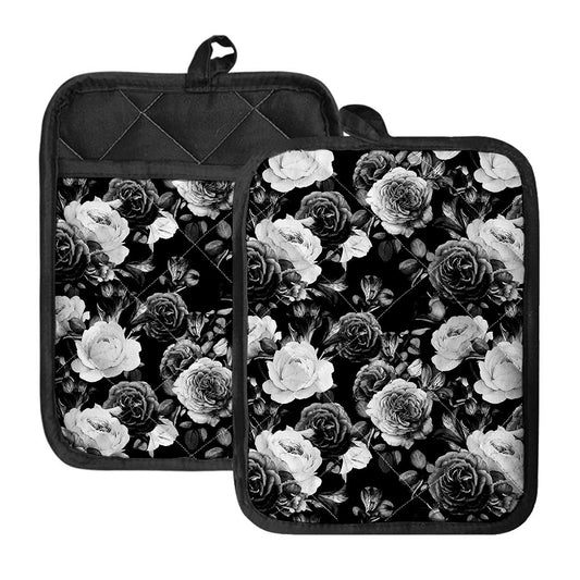 Black White Rose Floral Pattern Print Pot Holders With Pocket