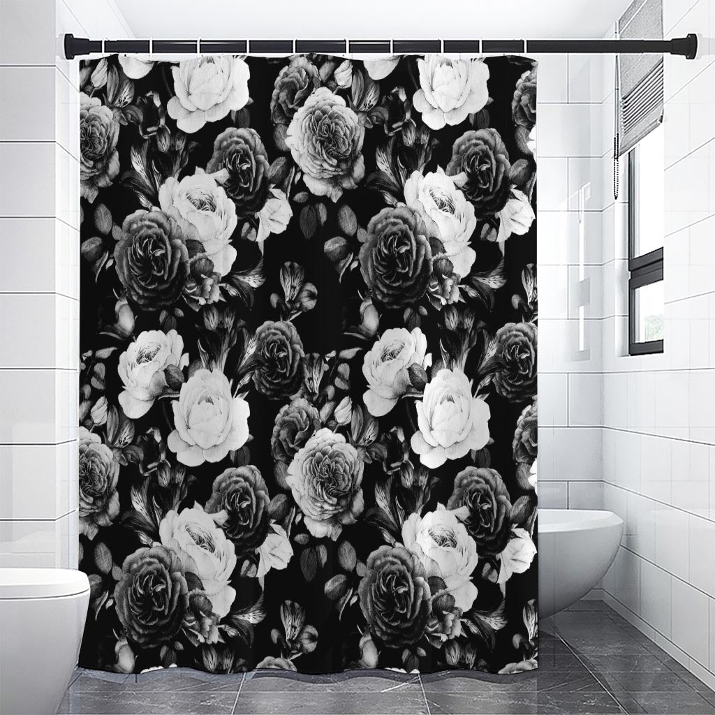 Black White Rose Floral Pattern Print Premium Shower Curtain