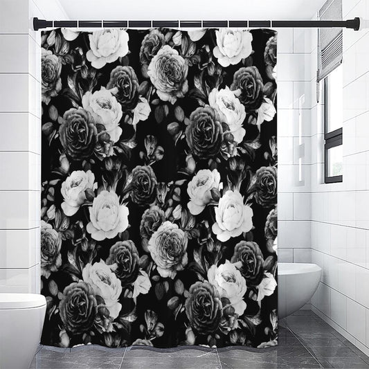 Black White Rose Floral Pattern Print Premium Shower Curtain