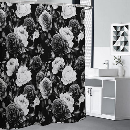 Black White Rose Floral Pattern Print Premium Shower Curtain