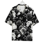 Black White Rose Floral Pattern Print Rayon Hawaiian Shirt