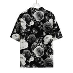 Black White Rose Floral Pattern Print Rayon Hawaiian Shirt