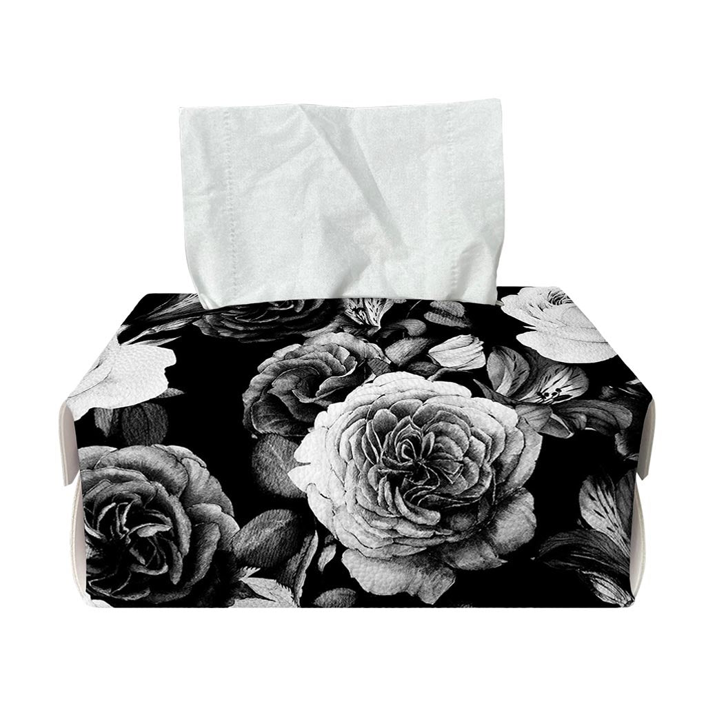 Black White Rose Floral Pattern Print Rectangle Tissue Box Cover