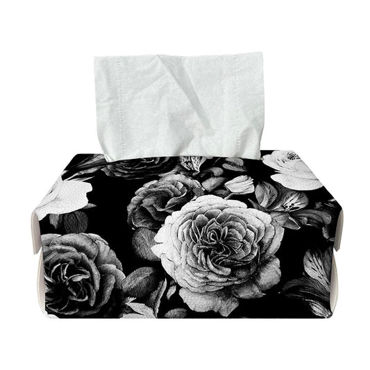 Black White Rose Floral Pattern Print Rectangle Tissue Box Cover