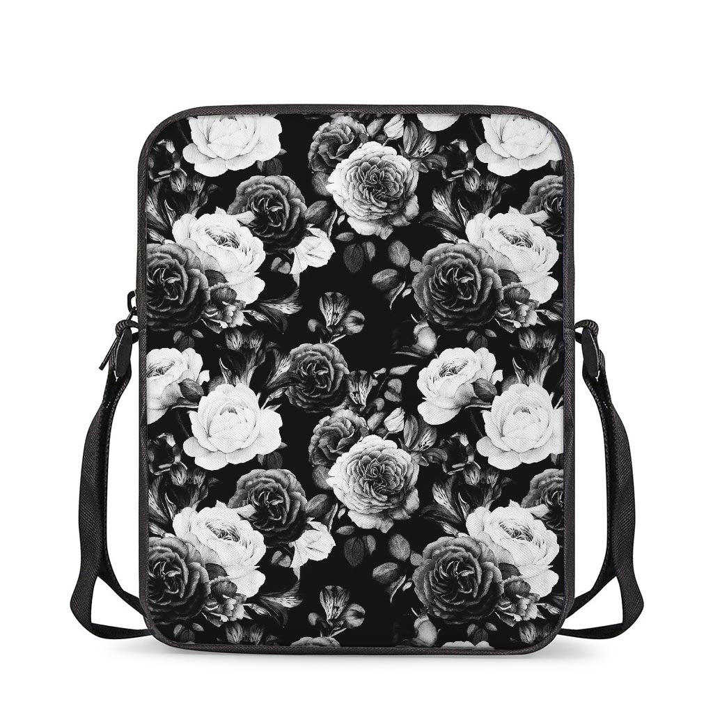 Black White Rose Floral Pattern Print Rectangular Crossbody Bag