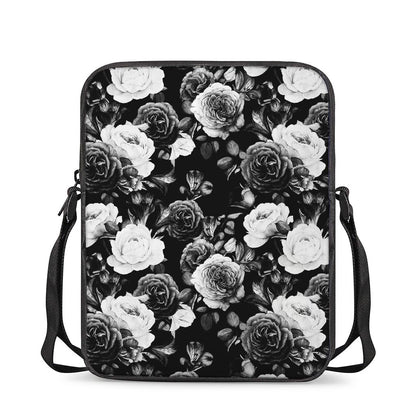Black White Rose Floral Pattern Print Rectangular Crossbody Bag