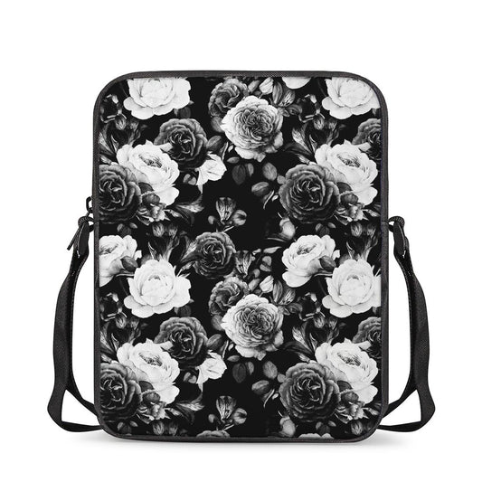 Black White Rose Floral Pattern Print Rectangular Crossbody Bag
