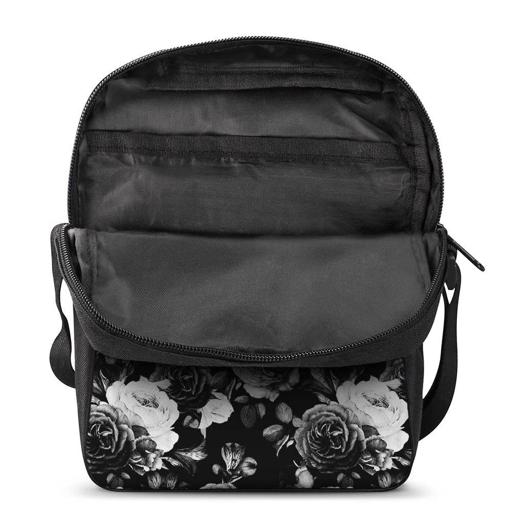Black White Rose Floral Pattern Print Rectangular Crossbody Bag