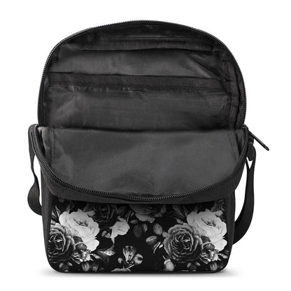 Black White Rose Floral Pattern Print Rectangular Crossbody Bag