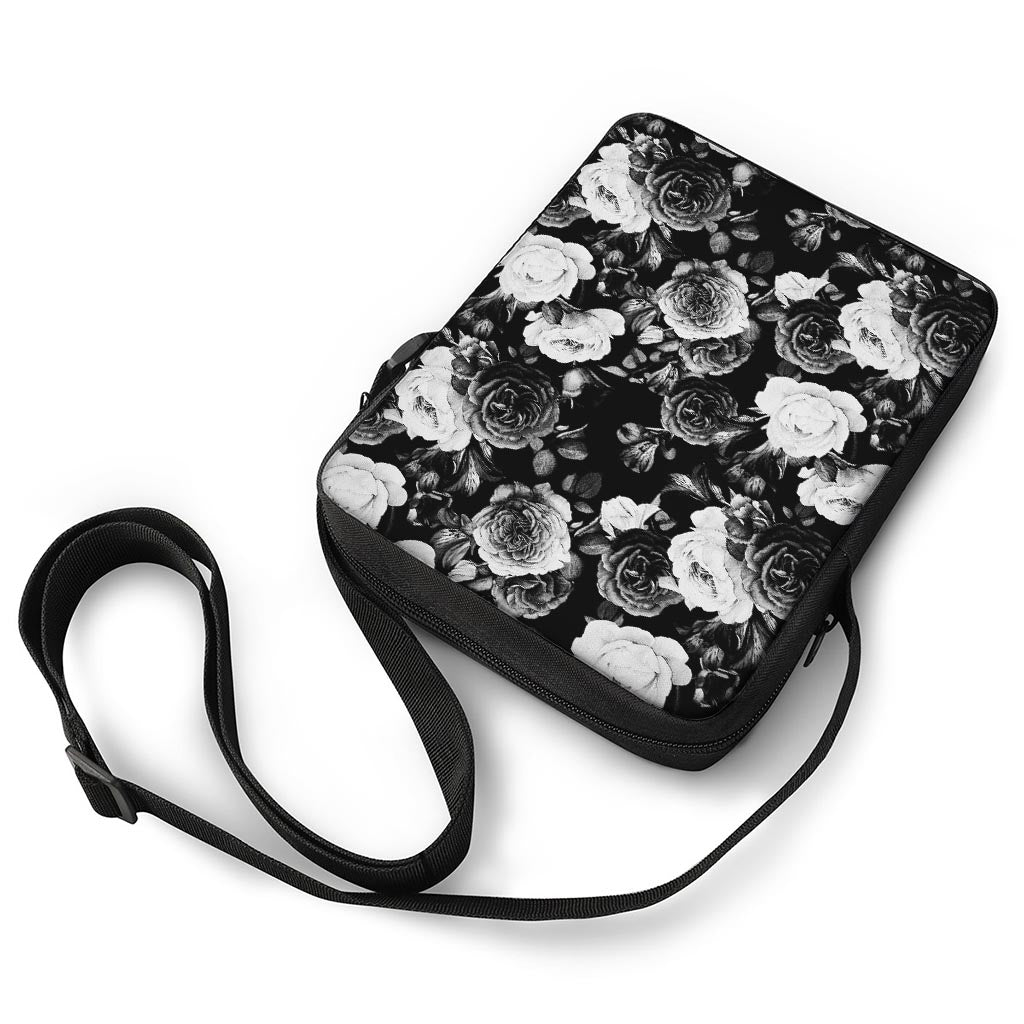 Black White Rose Floral Pattern Print Rectangular Crossbody Bag