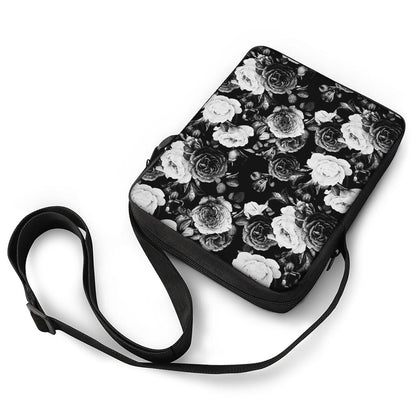 Black White Rose Floral Pattern Print Rectangular Crossbody Bag