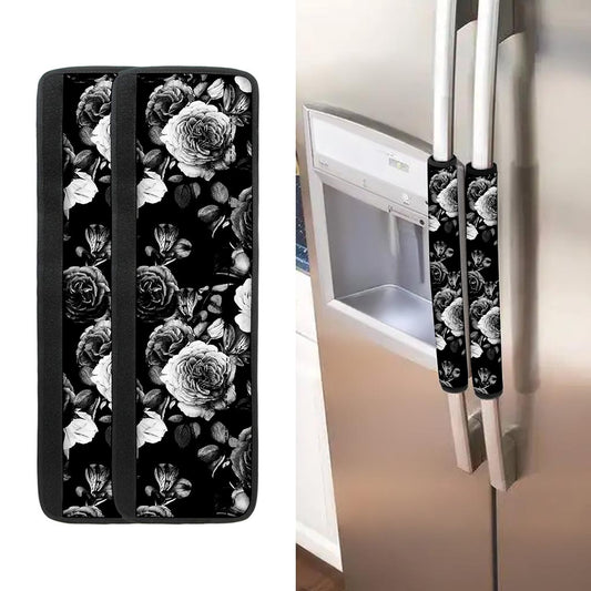 Black White Rose Floral Pattern Print Refrigerator Handle Covers