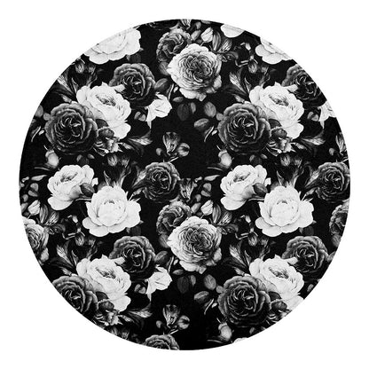 Black White Rose Floral Pattern Print Round Blanket