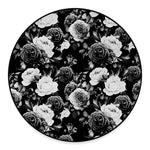 Black White Rose Floral Pattern Print Round Floor Mat