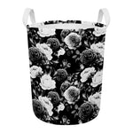Black White Rose Floral Pattern Print Round Laundry Basket