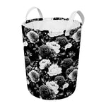 Black White Rose Floral Pattern Print Round Laundry Basket