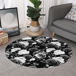 Black White Rose Floral Pattern Print Round Rug