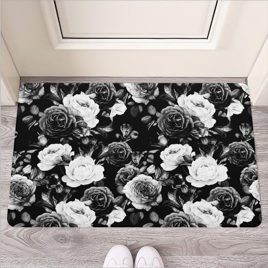 Black White Rose Floral Pattern Print Rubber Doormat
