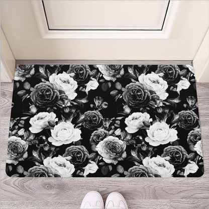 Black White Rose Floral Pattern Print Rubber Doormat