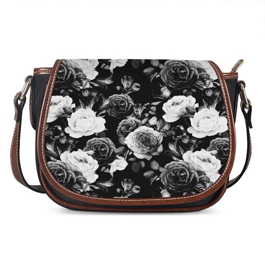 Black White Rose Floral Pattern Print Saddle Bag