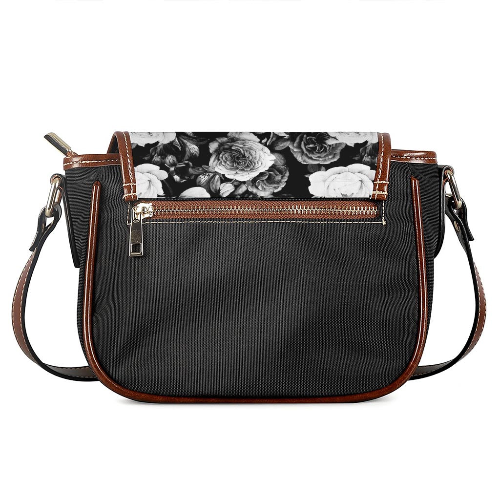 Black White Rose Floral Pattern Print Saddle Bag