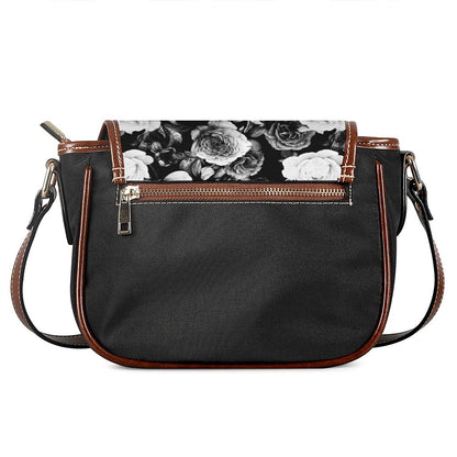 Black White Rose Floral Pattern Print Saddle Bag