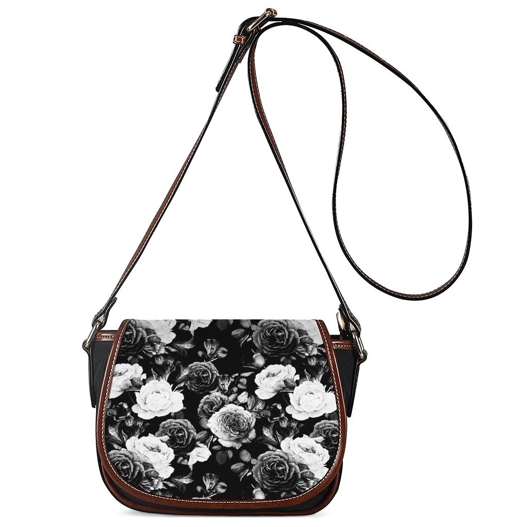 Black White Rose Floral Pattern Print Saddle Bag