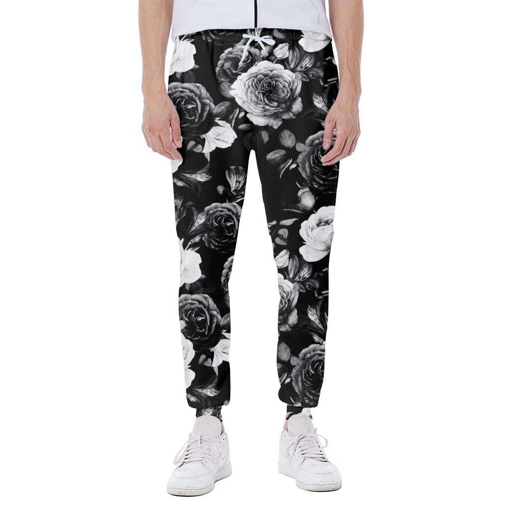 Black White Rose Floral Pattern Print Scuba Joggers
