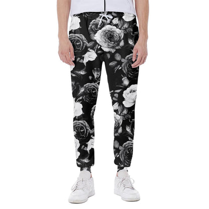 Black White Rose Floral Pattern Print Scuba Joggers