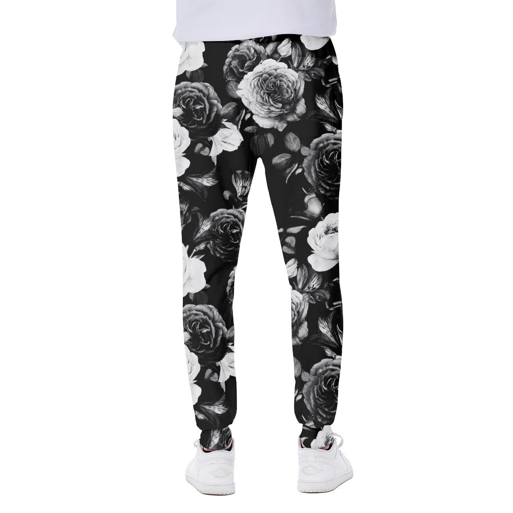 Black White Rose Floral Pattern Print Scuba Joggers