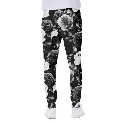 Black White Rose Floral Pattern Print Scuba Joggers