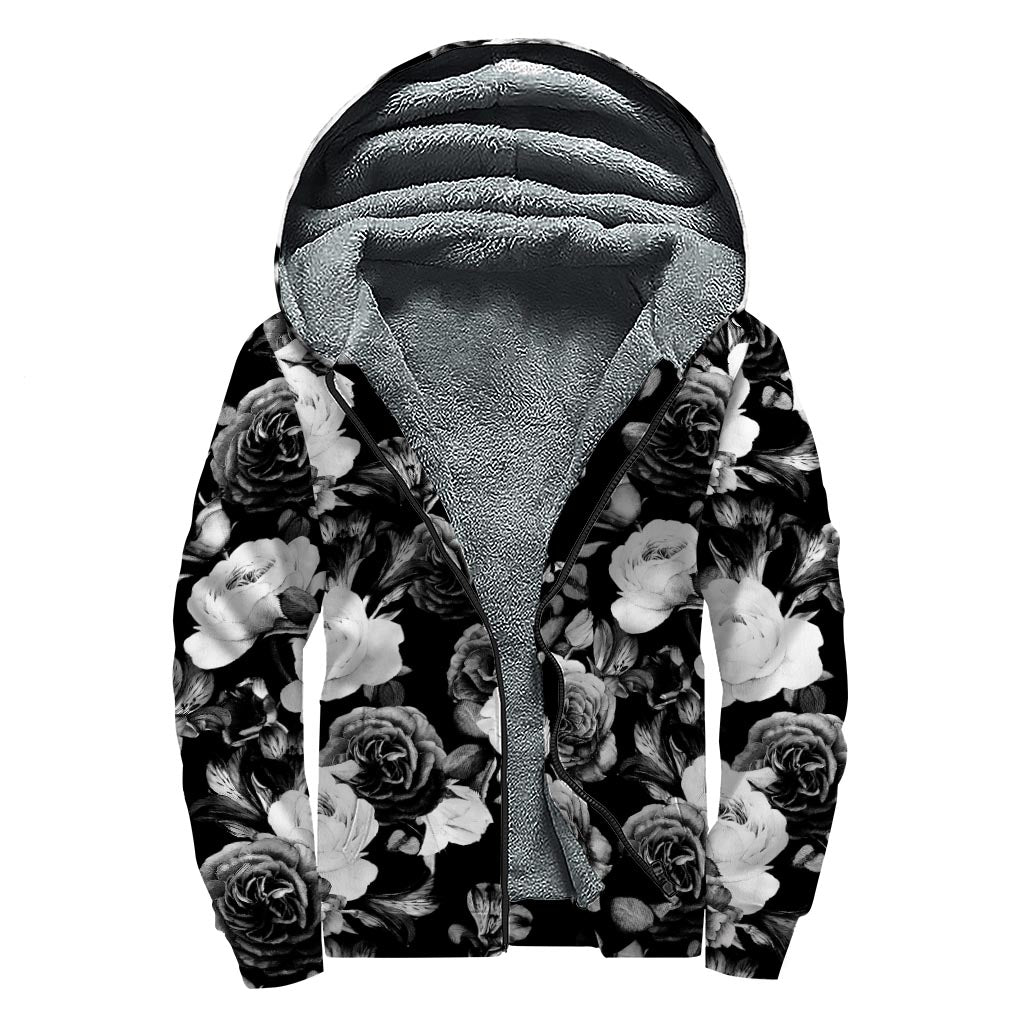 Black White Rose Floral Pattern Print Sherpa Lined Zip Up Hoodie