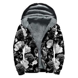 Black White Rose Floral Pattern Print Sherpa Lined Zip Up Hoodie