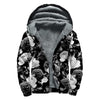 Black White Rose Floral Pattern Print Sherpa Lined Zip Up Hoodie