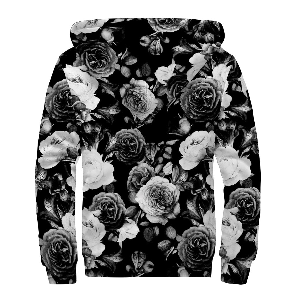 Black White Rose Floral Pattern Print Sherpa Lined Zip Up Hoodie