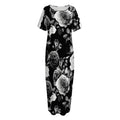 Black White Rose Floral Pattern Print Short Sleeve Long Nightdress
