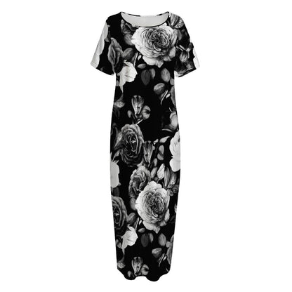 Black White Rose Floral Pattern Print Short Sleeve Long Nightdress