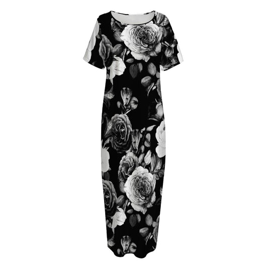 Black White Rose Floral Pattern Print Short Sleeve Long Nightdress
