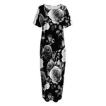 Black White Rose Floral Pattern Print Short Sleeve Long Nightdress