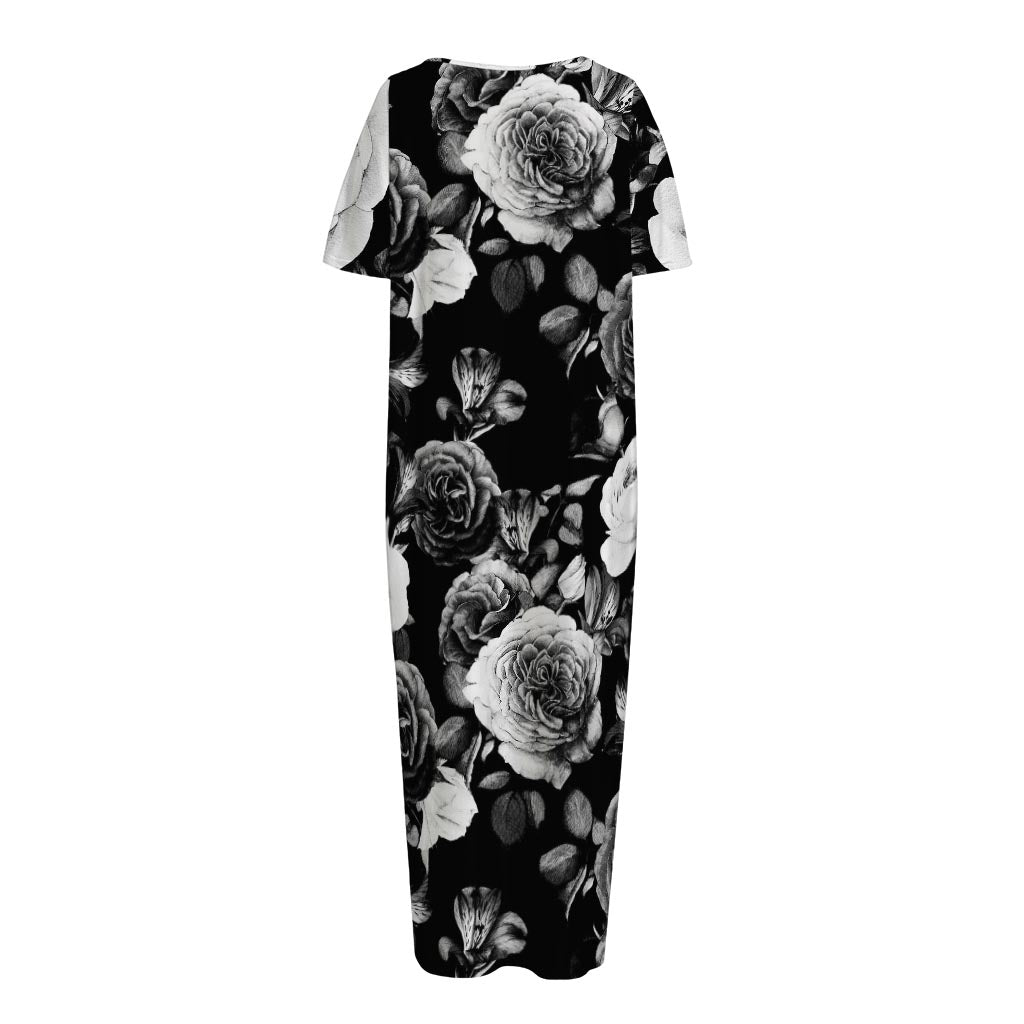 Black White Rose Floral Pattern Print Short Sleeve Long Nightdress