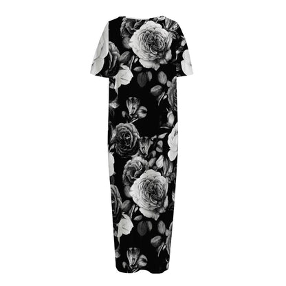 Black White Rose Floral Pattern Print Short Sleeve Long Nightdress