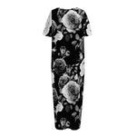 Black White Rose Floral Pattern Print Short Sleeve Long Nightdress