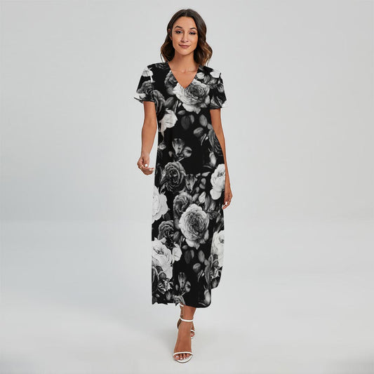 Black White Rose Floral Pattern Print Short Sleeve Maxi Dress