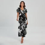 Black White Rose Floral Pattern Print Short Sleeve Maxi Dress