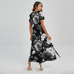 Black White Rose Floral Pattern Print Short Sleeve Maxi Dress