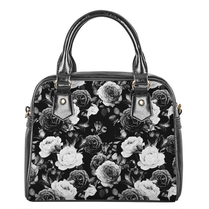 Black White Rose Floral Pattern Print Shoulder Handbag